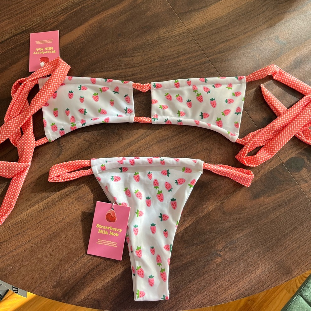 NWT Strawberry Milk Mob Strawberry Bikini Top - size small bottom size med top